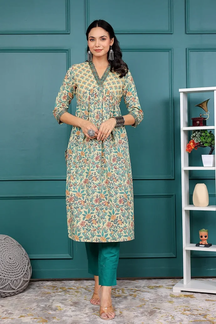 Light Yellow Floral Printed V Neck Kurta