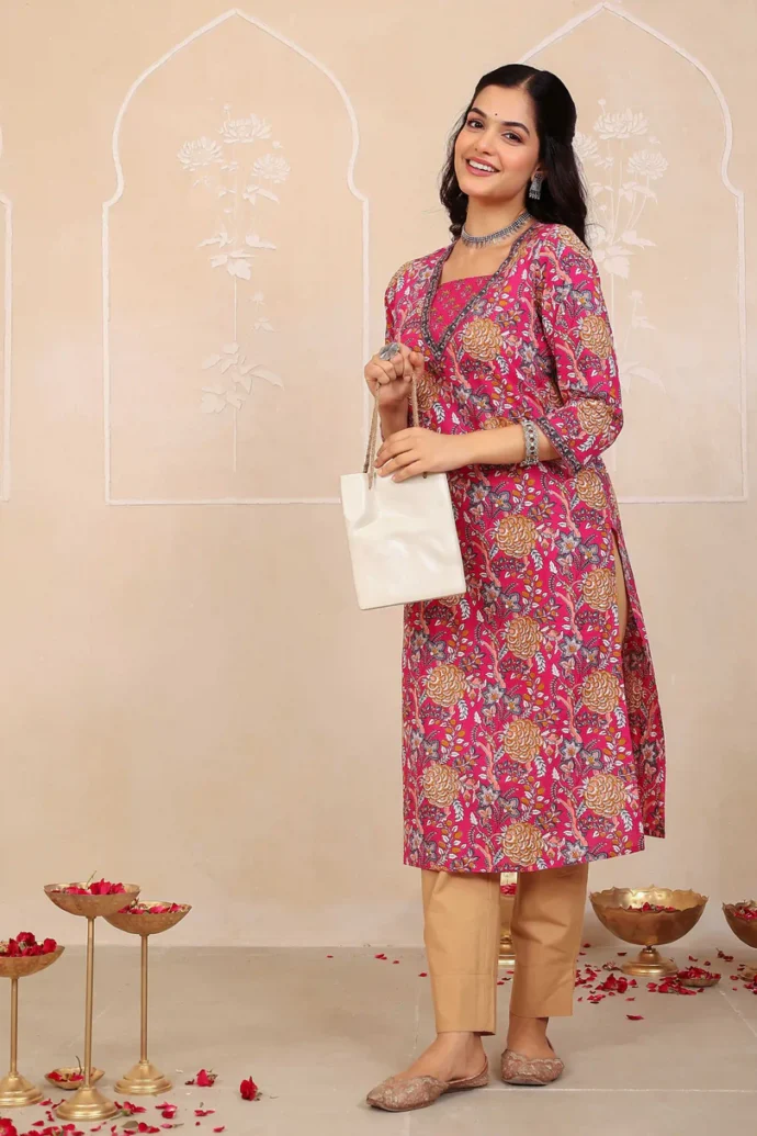 Dark Pink Floral Printed Kurta