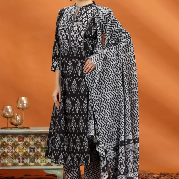 Black Jaipuri Cotton Straight Printed Kurta Pant and Dupatta Set