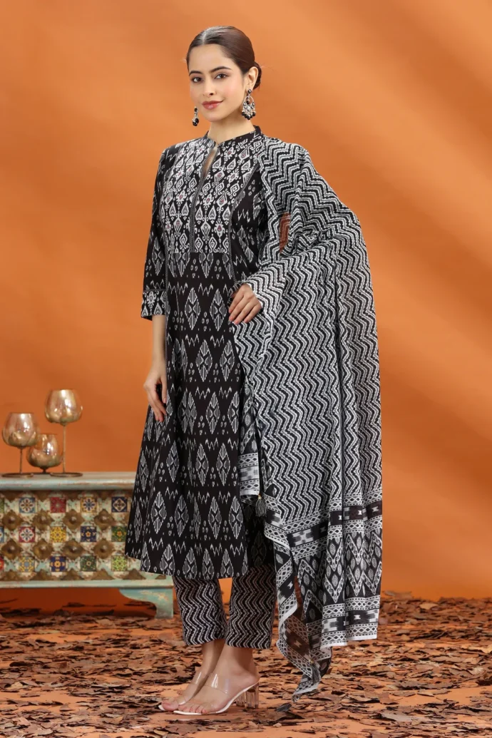 Black Jaipuri Cotton Straight Printed Kurta Pant and Dupatta Set