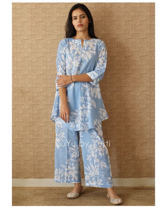 Sky blue  Jaipuri Cotton Straight Printed Kurta Pant Suit Set