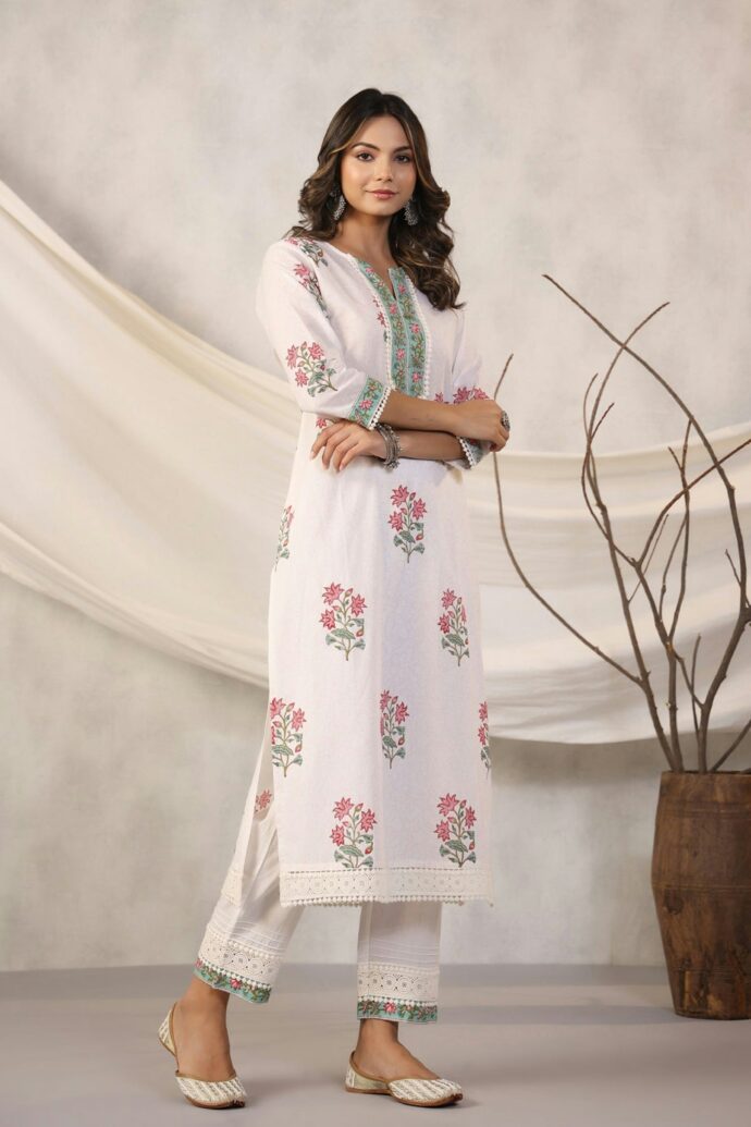 Hanshita Off White Cotton A Line Front Open Kurtis