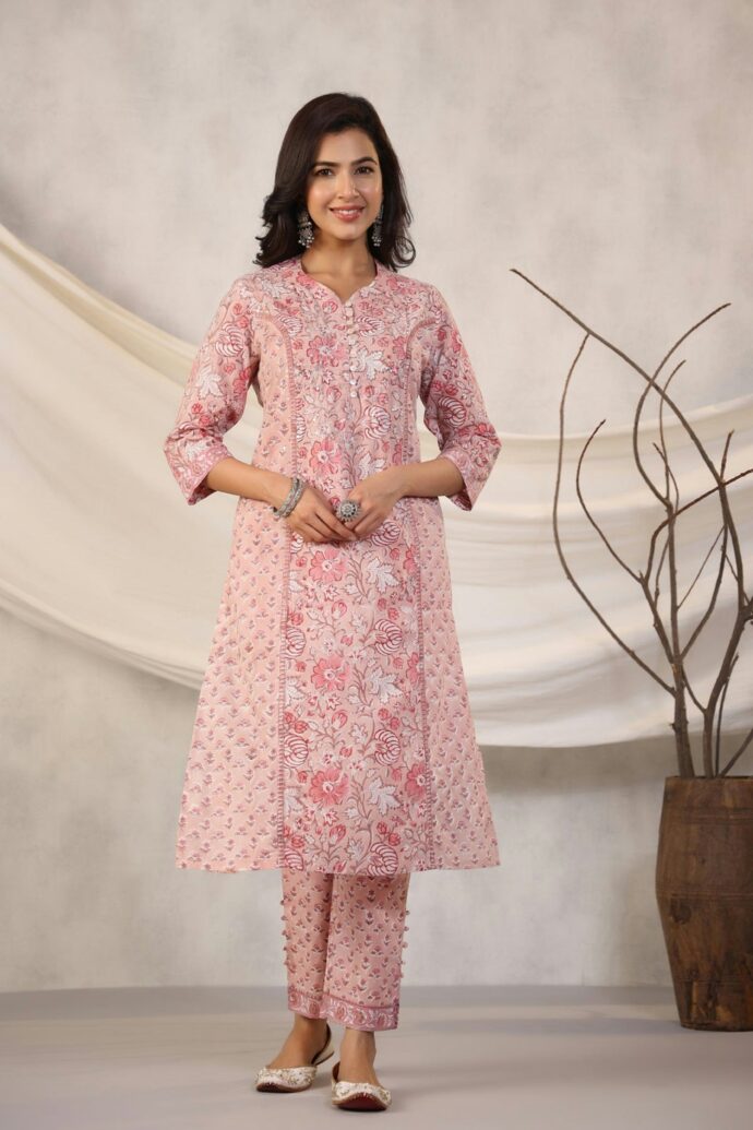 Light pink Straight Embroidered Kurta