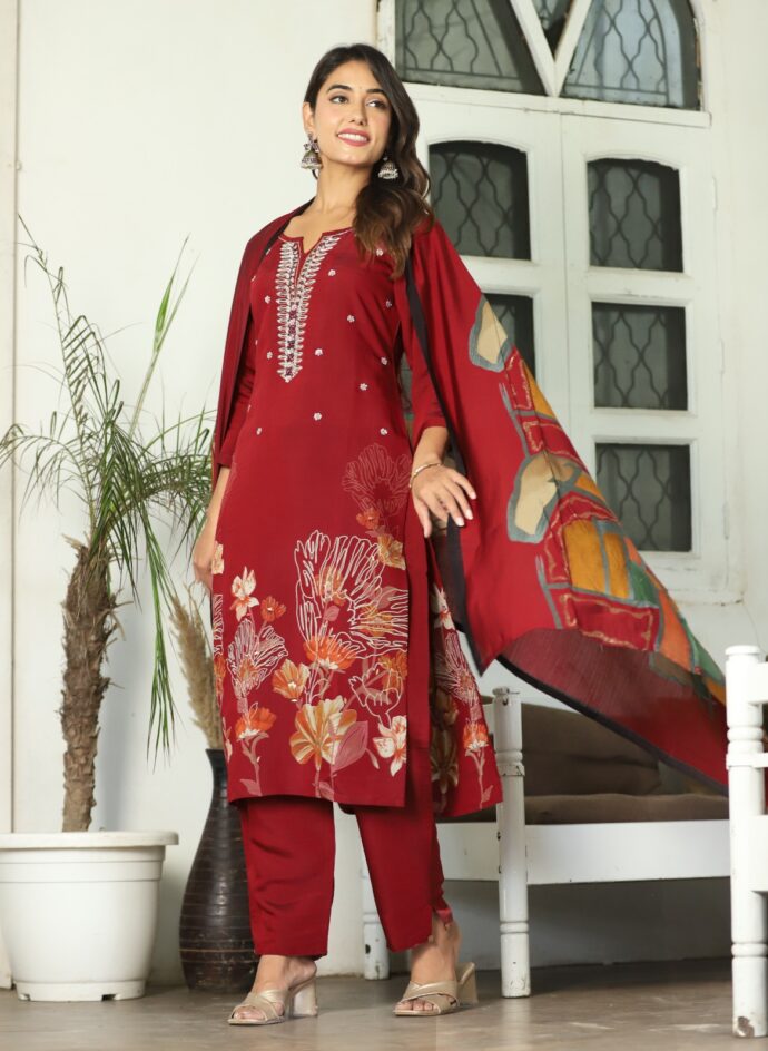 Heavy maslin fabric with handwork three-pc digital printing dupatta set - Image 2