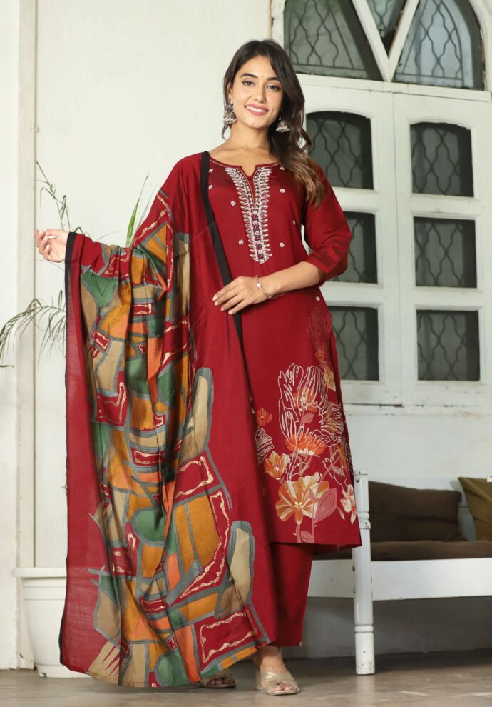 Heavy maslin fabric with handwork three-pc digital printing dupatta set