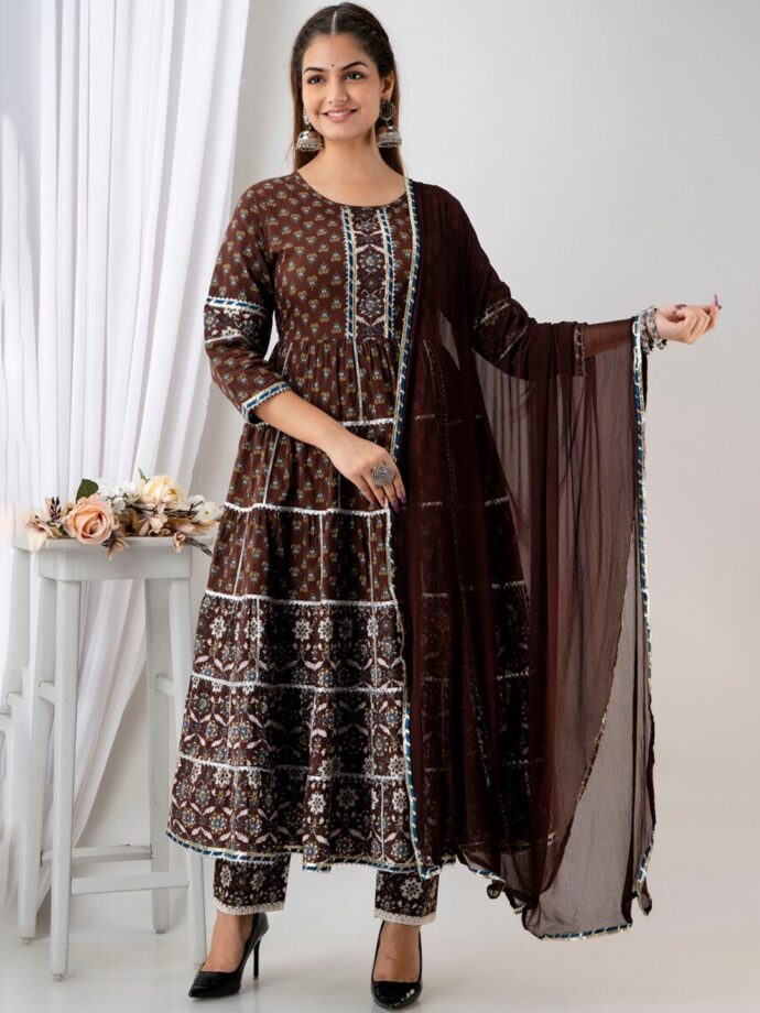Women’s Cotton Printed Anarkali Kurta Pant and Dupatta Set