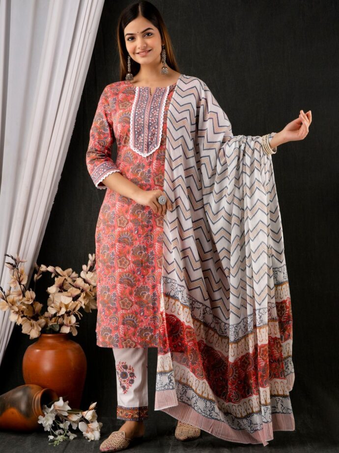 Women’s Cotton Printed Kurta Pant and Dupatta Set