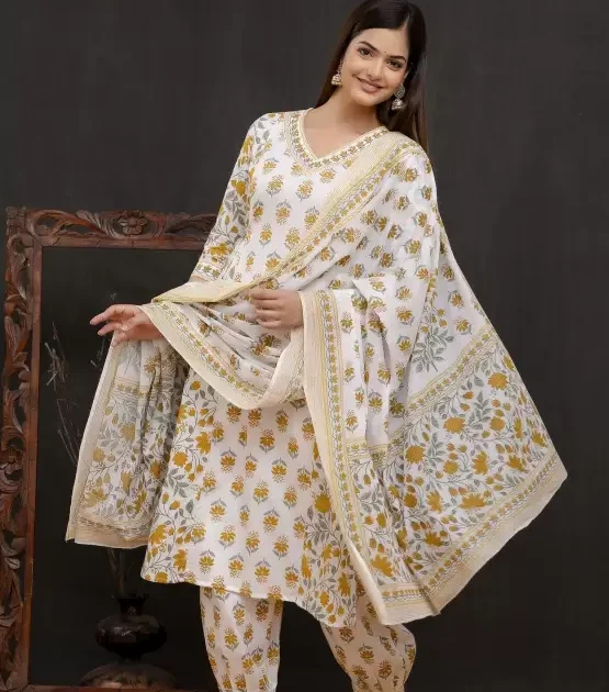 Women’s Cotton Printed Kurta Pant and Dupatta Set