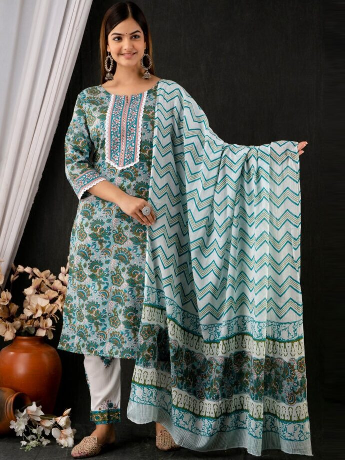Women’s Cotton Printed Kurta Pant and Dupatta Set - Image 2